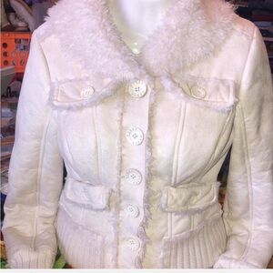 Guess Cream Teddy Jacket with Faux Fur Collar- small